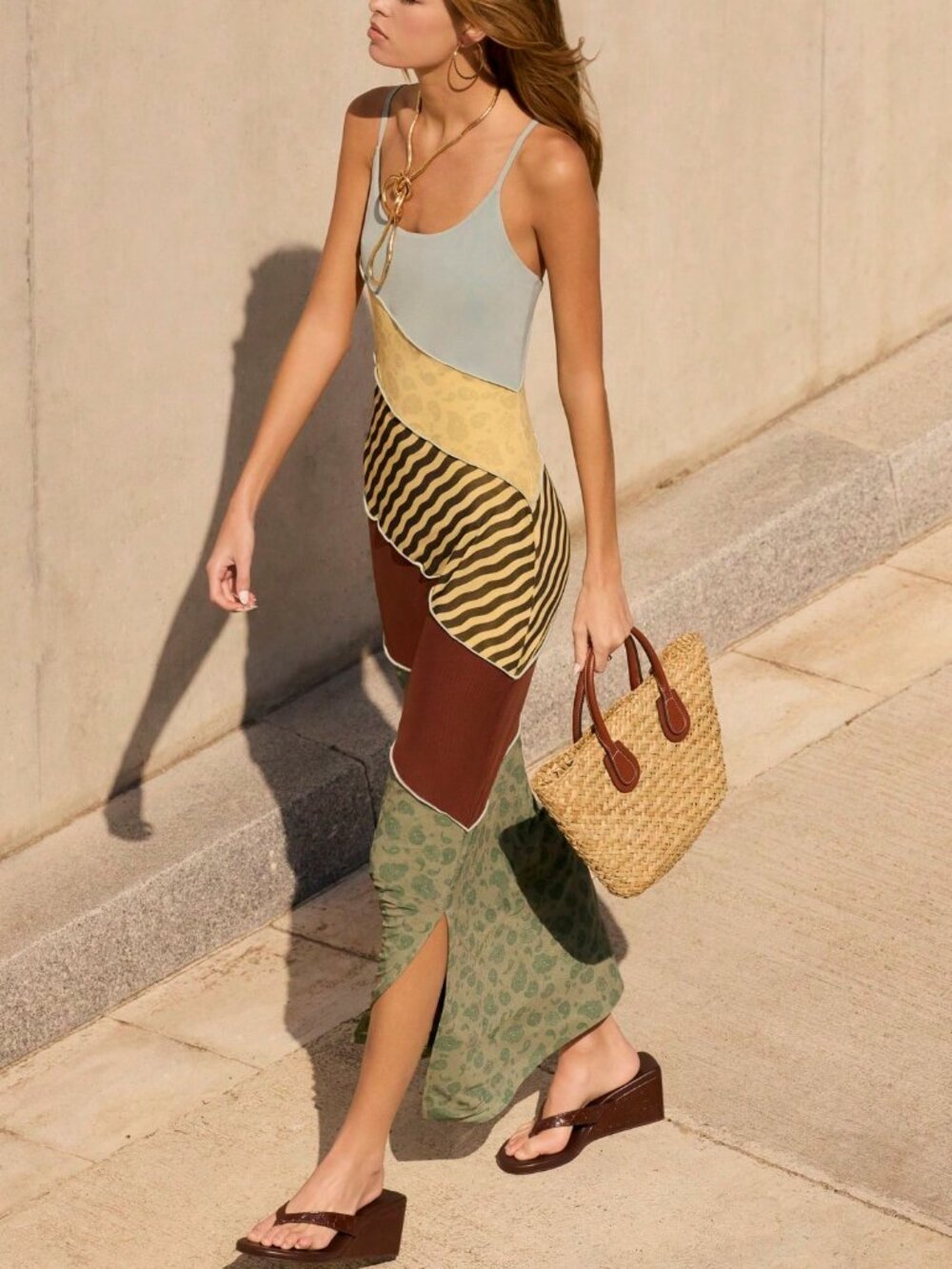 Multicolor Colorblock Women's Graphic Long Backless Spaghetti Sleeve Midi Dress